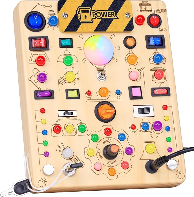 RichBoy Montessori Toy Busy Board with 40 LED Lights, 59-in-1 Sensory Toys for Toddlers, Travel Educational Activity for Airplane, Ideal Christmas Birthday Gift for Boys & Girls (7.8" x 6.5")