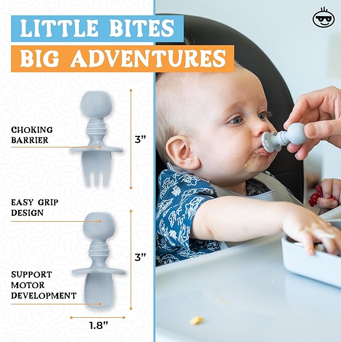 Travel Silicone Portable Feeding Supplies - Toddler Suction Plates, Silicone Baby Spoon & Fork, Lightweight Foldable Bib & Waterproof Storage Bag - 6 Piece Set