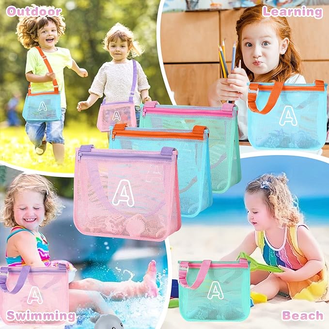 3Pcs Personalized Kids Beach Shell Bag, Initial Seashell Mesh Zipper Beach Pouch, Shell Collecting Bag for Holding Shells with Adjustable Straps, Sand Toys Swim Pouch Gift for Girl Boy Teens(Letter A)