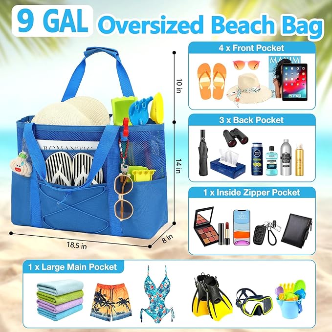 Mesh Beach Bag, Large Beach Tote with Zipper Pocket for Family Pool Bag for Toys & Vacation Essentials