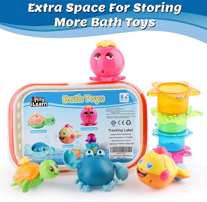 iPlay,iLearn Baby Bath Toys w/ Organizer, Infant Bathtub Shower Toy, Wind up Turtle, Water Squirt Octopus, Stacking Cup for Tub Pool, Birthday Gift 6 9 12 18 Month 1 2 3 Year Old Toddler Girl Boy Kid