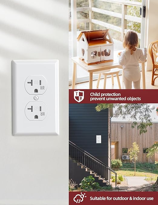 AIDA 20 Amps Outlets Duplex Electrical Receptacle Outlets, Tamper Resistant & Weather Resistance, Wall Plate Included, Residential, 3-Wire, Self-Grounding, UL Listed (50 Pack, White)