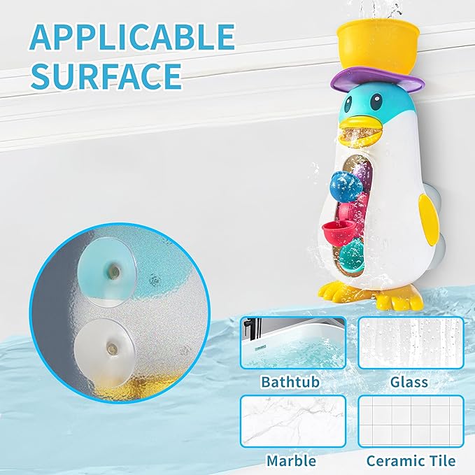 Bath Toys for Kids Ages 1-3, Toddlers Waterfall Bathtub Toys with Suction Cups, Penguin Kids Bath Toys with Rotatable Waterwheel, Birthday Gift for Boys Girls