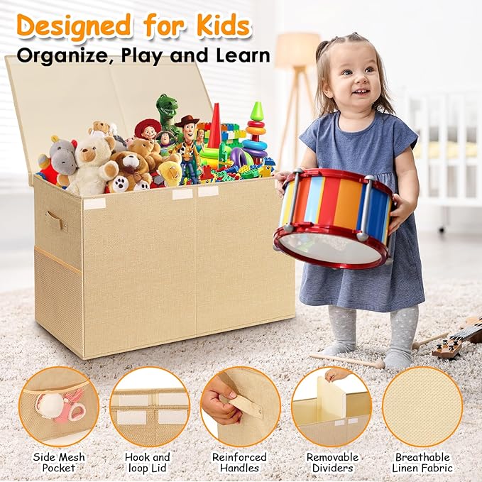 Fineonly Large Toy Storage Box with Lid Upgraded Toy Chest Organizer with Removable PP Divider Foldable Toy Bin for Kids Boys Girls Linen Fabric Toy Box for Playroom Nursery Bedroom (25"x13"x16")