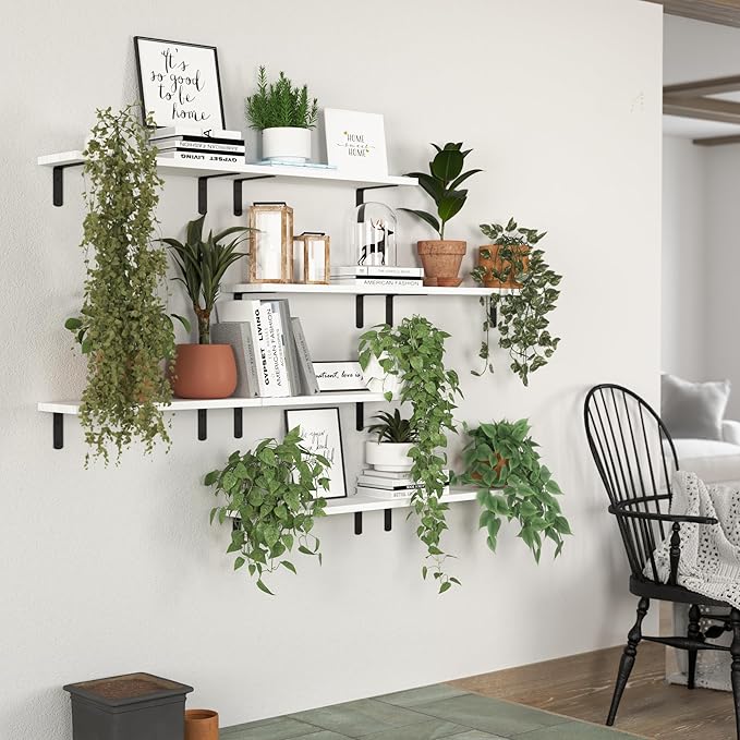 Floating Shelves, 8 Sets Wall Shelves, Wooden Floating Shelves for Bedroom Wall Décor, Wall Mounted Floating Bathroom Shelf for Storage, Floating Book Shelf Living Room – White, HM02