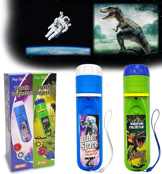 Pup Go 2-Pack Dinosaur & Outer Space Torch and Projector for Kids Ages 3+ Years Old, 6 Discs and 48 Images, Dinosaur Toys for Boys, Cool Kids Torch, Educational Science Kits for Toddlers and Children