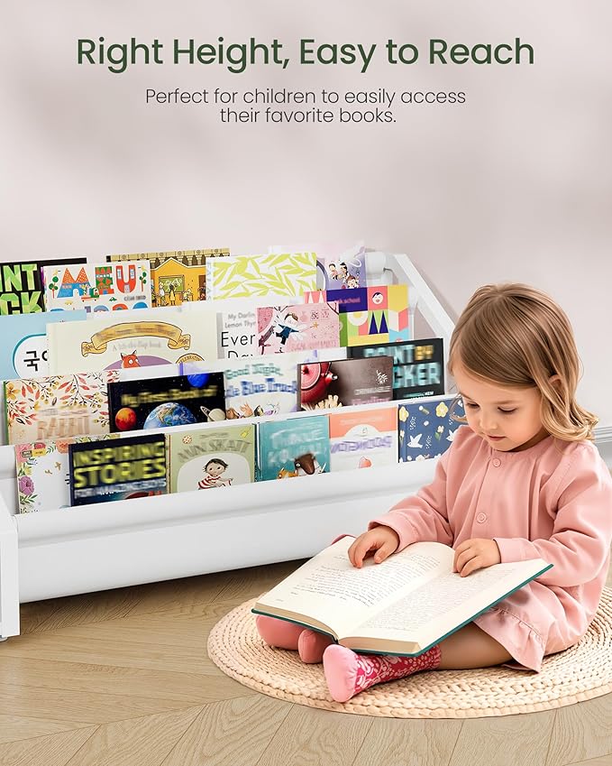 CHOEZON Kids Bookshelf, Book Shelf for Kids Rooms, Toddler Bookshelf with 2 Open Shelves and 4-Tier Sling Rack, for Kid Room, Nursery, Bedroom, Playroom, White TCW06WB