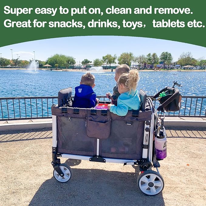 Double Sided Stroller Snacks Tray for Wonderfold Wagon W Series Waterproof Kids Toy Placement Faux Leather Sides for Eating and 4 Kid’s Cup Holder (W4 Series)