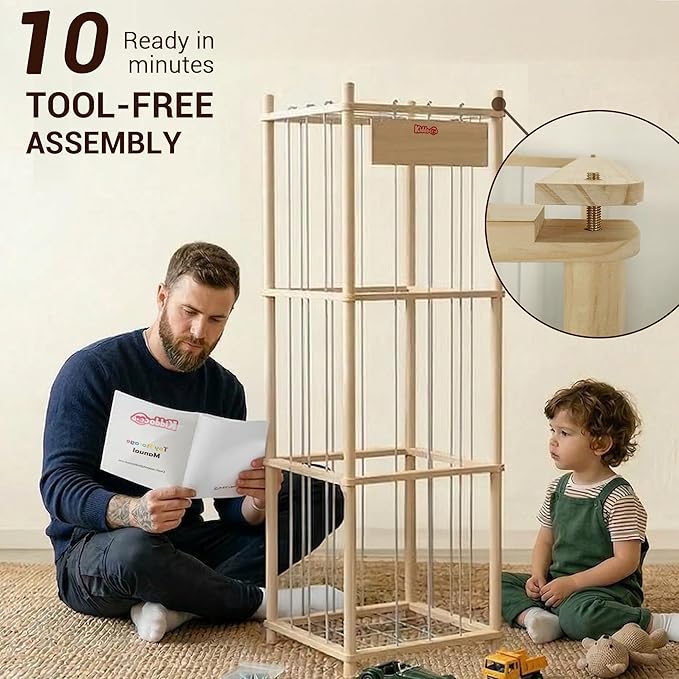 KiddoCood Kids CPC & TIC Certified Stuffed Animal Storage - 3-Tier Large Natural Solid Wood Plush Toy Organizer & Holder, Corner Solution for Playroom & Nursery, BPA-Free & Zero Glue