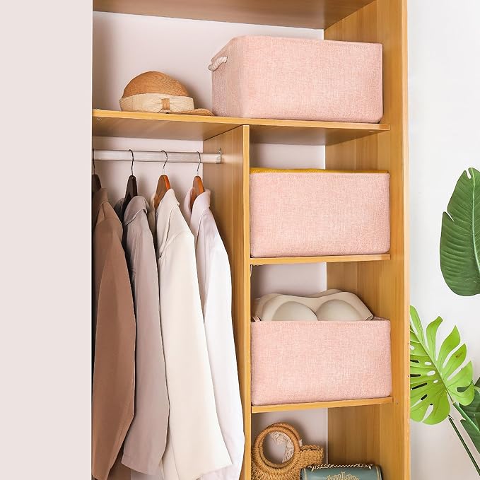 LordCom Storage Bins with Sturdy Cotton Handles(1 Pack), Fabric Storage Baskets for Organizing use for Office & Home, Book, Clothes, Toys, Closet Boxes (Small, Pink, 12.2x8.3x6.3 inches)