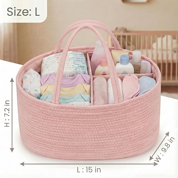 luxury little Diaper Caddy Organizer, Large Cotton Rope Nursery Baby Basket, Changing Table Organizer for Baby Diaper Storage, Portable Car Organizer Removable Divider (Light Pink, Large)