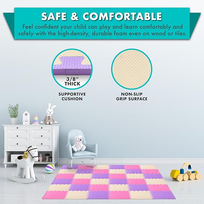 ProSource Baby Play Mat, Soft Foam Floor Tiles for Kids, Interlocking EVA Panels for Playpen Use, Crawling Development Surface, Safe Non-Toxic Toddler Flooring, 32 Tiles, Pink/Purple/Beige