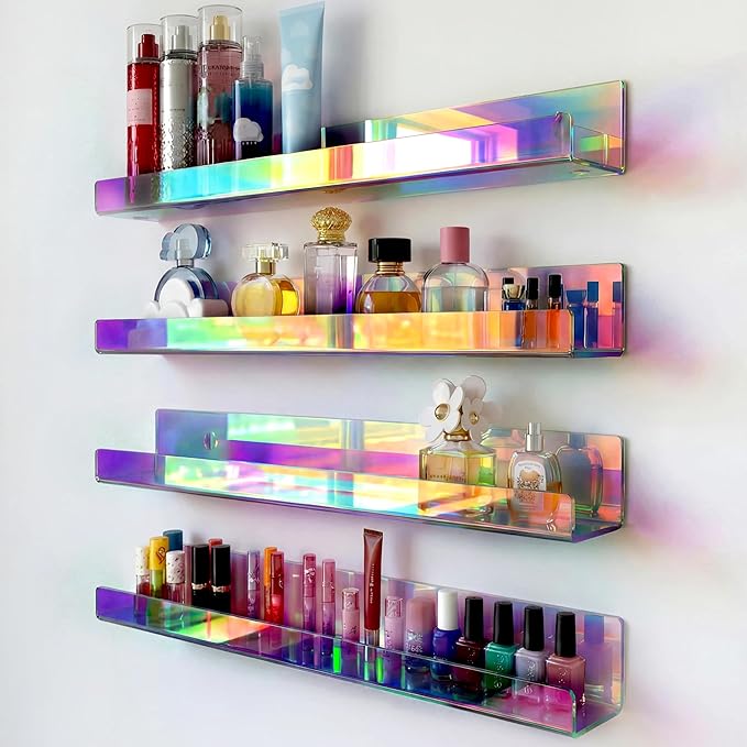 RORKIM 4 Pack 15 Inch Iridescent Acrylic Shelves, Clear Rainbow Floating Shelves for Wall, Modern Sunglasses Essential Oil Picture Ledge Display Toy Storage Wall Shelf