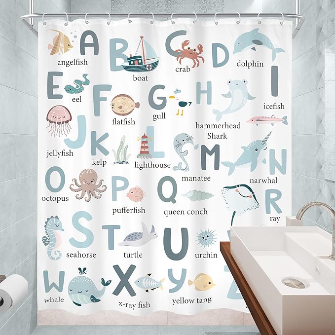 Kids Shower Curtain 60Wx72H Cute Cartoon Alphabet ABC Sea Animal Blue Educational Ocean Bathroom Curtain Set Baby Boys Girls Bath Curtain Cloth Fabric Beach Bathroom Decor with 12 Hooks