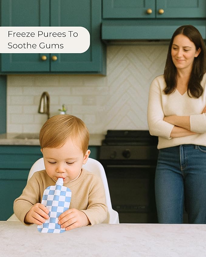 Hippypotamus Reusable Baby Food Pouches for Toddlers - BPA Free Food Grade - Dishwasher & Freezer Safe - Baby Food Containers - Refillable Squeeze Pouch For Applesauce & Yogurt - 12 Pack (Checkered)