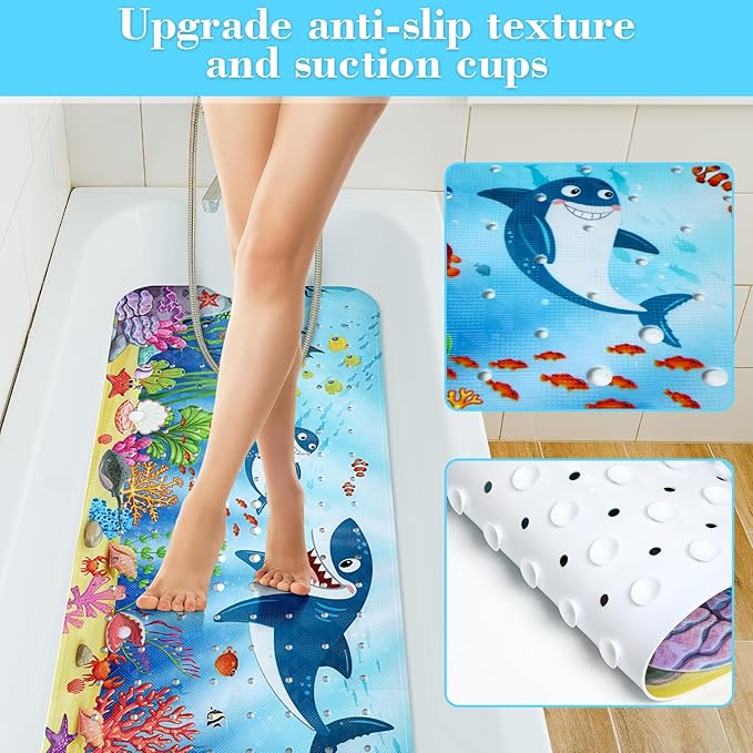Secopad Bath Mat for Tub Non Slip, Machine Washable Anti-Slip Cartoon Baby Bathtub Shower Mat with Drain Holes and Suction Cups for Toddler & Kids, 40in x 16in, Sharks