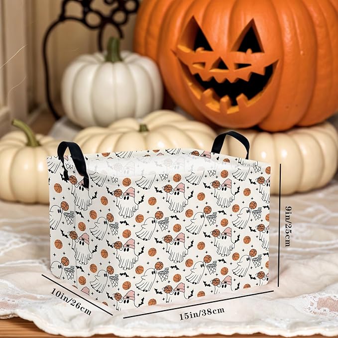 ASKETAM Large Halloween Basket Gift Cute Ghost Parties Decor Kid Trick or Treat Basket for Boys and Girls Rectangular Storage Bin Box (Ghost Basketball)