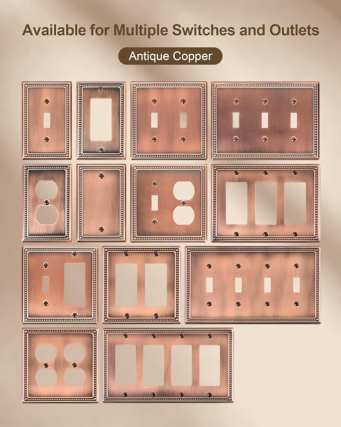 2-Pack Quad Decorator Outlet Cover Plate, Antique Copper Pearls Decorative Switch Plates and Outlet Covers, Metal Wall Plates for Electrical Outlets, Receptacle, GFCI Outlet, Dimmer Switch