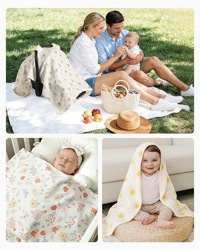 100% Muslin Cotton Car Seat Cover for Baby, Soft Breathable Car Seat Canopy, Universal Infant Carseat Cover Sun Protector, Lightweight Summer Stroller Cover for Boys Girls-Sunlight