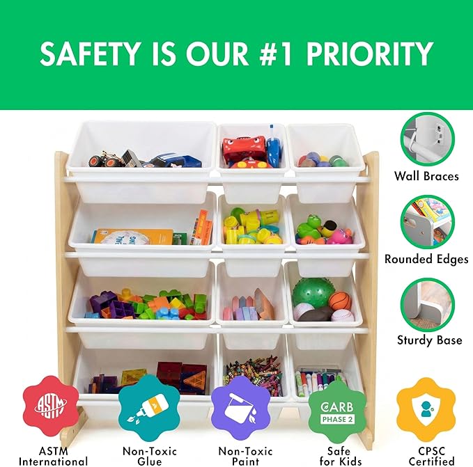 Humble Crew Toy Storage Organizer with 12 Removable Storage Bins for Kids Playroom, 4-Tier Toddler Toy Organization, Natural/White