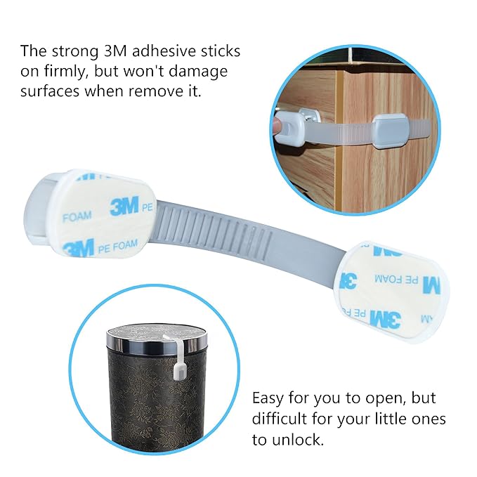 Child Safety Cabinet Strap Locks - OKEFAN 12 Pack Baby Proofing Adhesive Latches for Kids Drawer Cupboard Dishwasher Fridge Oven Door No Drill (Grey)