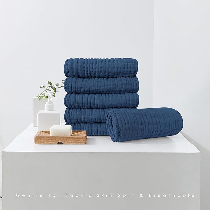 Spotted Play Muslin Burp Cloths 100% Cotton Large 20''x10'' Extra Soft and Absorbent Baby Wash Cloths Spit Up Rags - Baby Burping Cloth for Boys Girls Items(12 Pack Navy Blue)