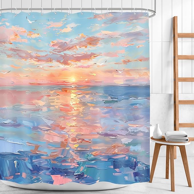 Beach Shower Curtain Ocean Beachy Abstract Blue Coastal Sunset Modern Sea Summer Nature Landscape Hawaii Seashore 60Wx72H Bathroom Decor Oil Painting Bath Curtain Fabric Polyester 12 Pack Hook