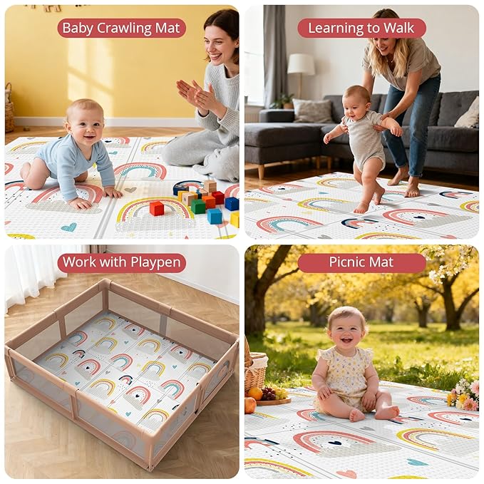 71x59 Foldable Baby Play Mat, Foam and Waterproof Playmat for Floor, Babies Activity Tummy Time Playmats, Portable & Anti-Slip Crawling Mats, Reversible Floor Mat for Kids, Infant, Toddler(Rainbow)