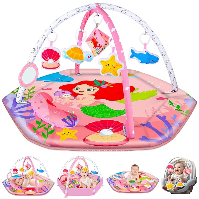 8-in-1 Tummy Time & Ball Pit, Baby Play Gym Floor Mat, Activity Mat for Infants & Toddlers 0-12 Months (Pink)