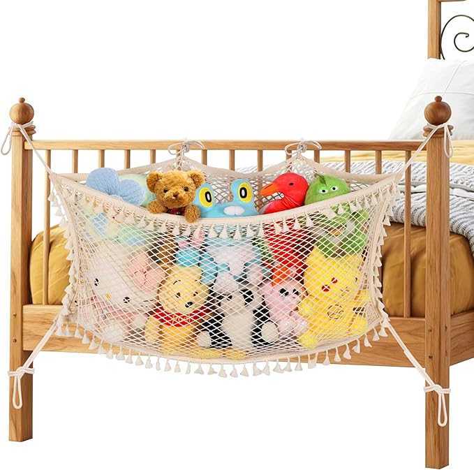 Stuffed Animal Storage Net, Large Bedside Toy Organizer Net, Cotton Plushie Toy Storage Hammock with Tether for Stuffed Animals Playroom Organization