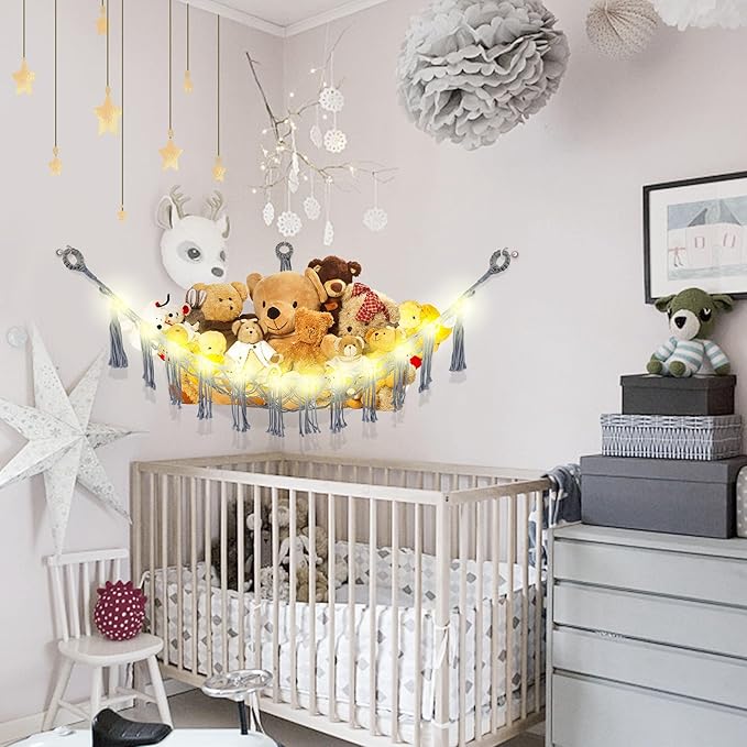CERETIA Stuffed Animal Hammock with LED Light, Large Stuffed Animals Storage Corner Plushie Net for Kids Room Decor, 2 Packs Grey