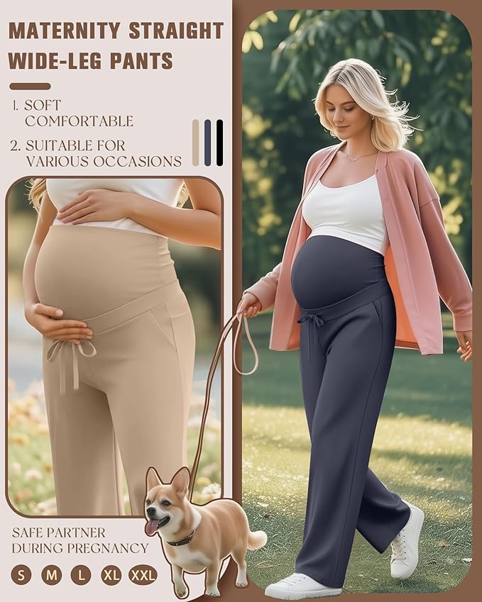 3 Pcs Maternity Sweatpants Over The Belly Pregnancy Straight Wide Leg Elastic Drawstring Pants Joggers with Pockets