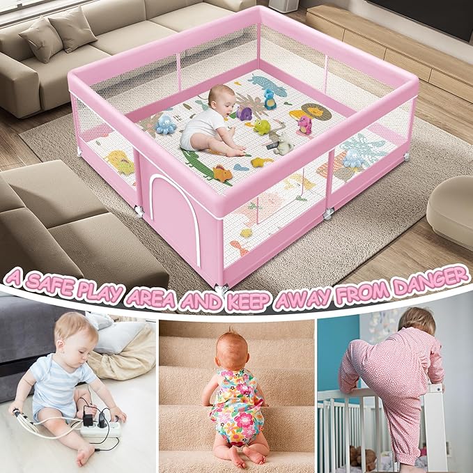 XVISHX Baby Playpen with Mat, 50 x 50 Inch Playpen for Babies and Toddlers, Baby Playard for Indoor & Outdoor Active Center Game Fence, with Skin-Friendly Fabric and Soft Breathable Mesh, Pink