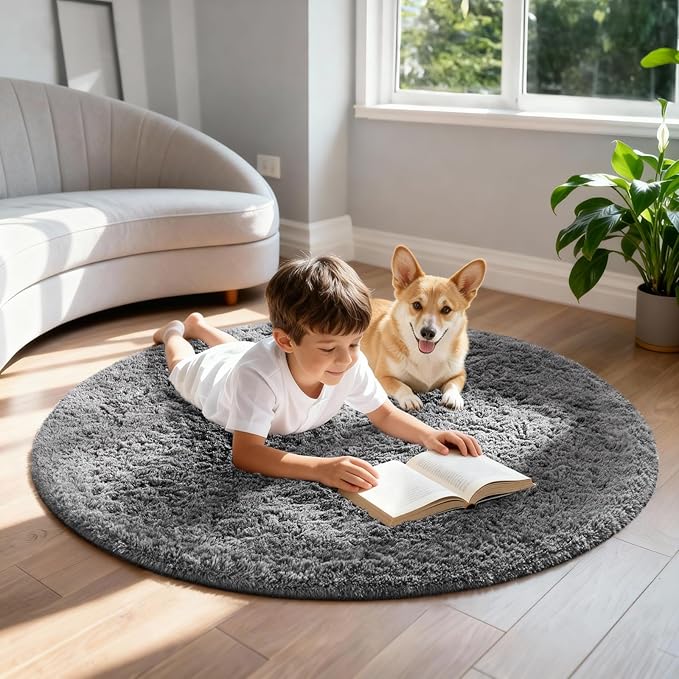 Ophanie Area Rugs for Bedroom Living Room,Color 1- Grey,Size 4',Shape Round