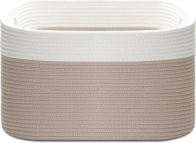 Large Basket for Shelves, Woven Cotton Bin with Handles for Toy Collection, Big Blanket Basket for Living Room, Nursery, Bedroom 22"x17"x12"