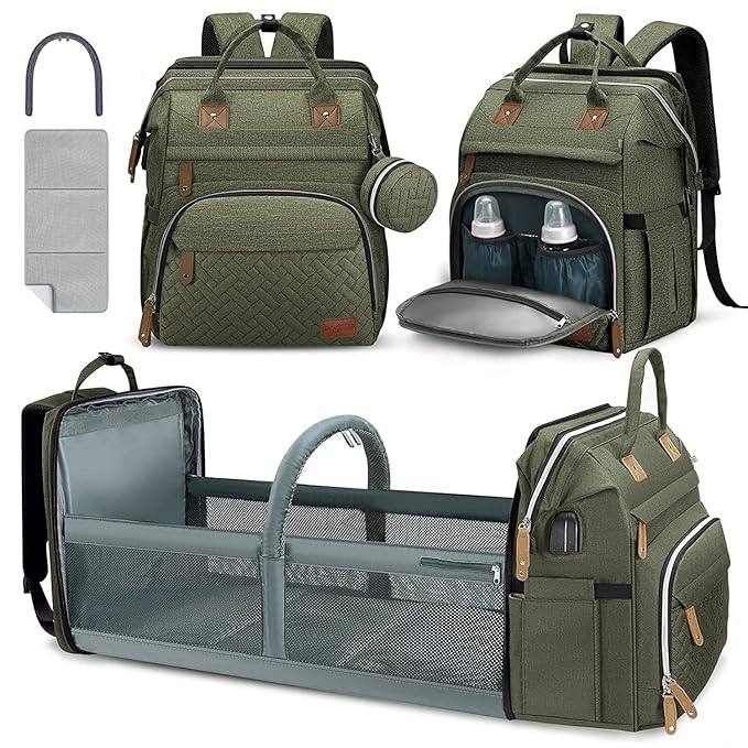 DERJUNSTAR Baby Diaper Bag Backpack with Changing Station Large Capacity Baby Bag for Boys & Girls, USB Charging Port, Pacifier Case, Sunshade & Toy Bar, Waterproof, Forest