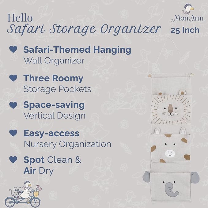 MON AMI Safari Hanging Storage Organizer – 25 Inches Nursery Wall Organizer with 3 Pockets | Baby Essentials Storage for Diapers, Toys & Accessories | Cute Nursery Décor & Practical Baby Registry Gift