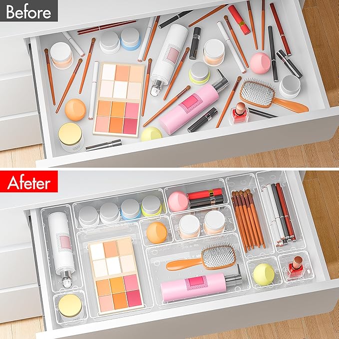Clear Plastic Drawer Organizers Set of 45 Vanity Organizers Stackable Storage Bins Dividers Bathroom Organizers Storage Vanity Organizer Bins for Makeup, Kitchen Utensils, Jewelries, Office