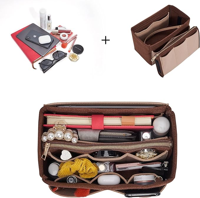 Vercord Felt Organizer Insert For Purse Handbag Tote Bag In Bag Inside Shaper Divider Neo Coffee & Beige X-Large