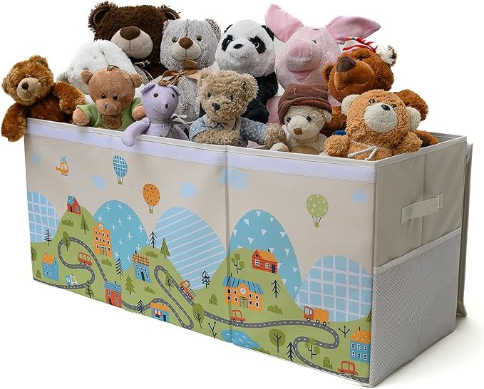SoftOwl Extra Large Toy Storage Organizer with Lid - Sturdy, Collapsible Toy Chest Storage Box with Cute Design - Toys Bin with Dividers for Kids, Boys, Girls, Nursery, Bedroom, Play room 37"x16"x14"