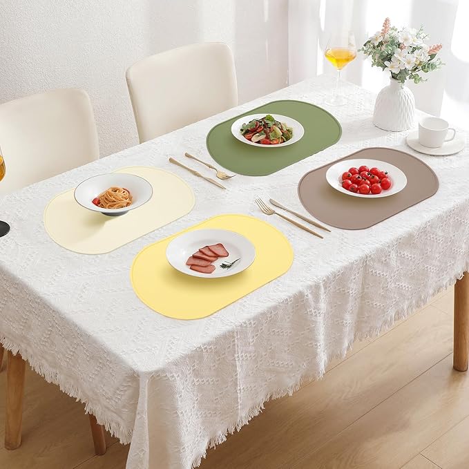 yuuzue Silicone Placemat Set of 4, Heat Resistant Placemats for Dinning Table, Reusable Portable Kids Baby Placemats, Waterproof Stain-Proof Toddler Food Mats, Easy to Clean Silicone Mat Oval Placemat