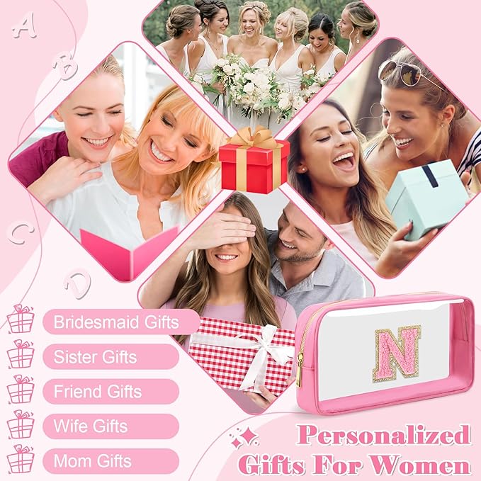 Personalized Initial Letter Clear Makeup Bag,Preppy Small Nylon&PVC Cosmetic Zipper Bag with Chenille Letter,Portable Beach Travel Skincare Toiletry Bag,Trendy Monogram Gift for Teen Girls Women,N