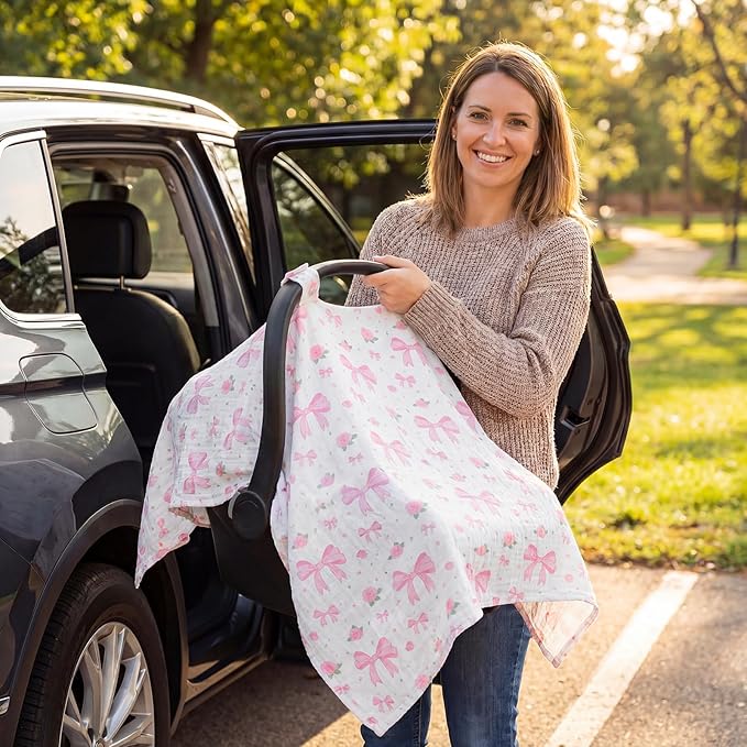 Baby Car Seat Cover - 100% Muslin Cotton Universal Breathable Canopies for Boys and Girls Soft Spring Summer Car Seat Cover Lightweight Infant Car Seat Canopy - Pink Bows