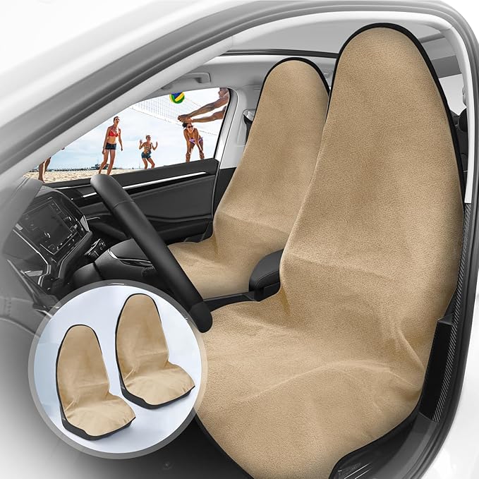 ZIMABLUE Towel Seat Cover - Waterproof Terry Cloth Front Seat Protector for Gym and Beach, Sweat-Absorbent, Non-Slip(Beige,2 Pack)