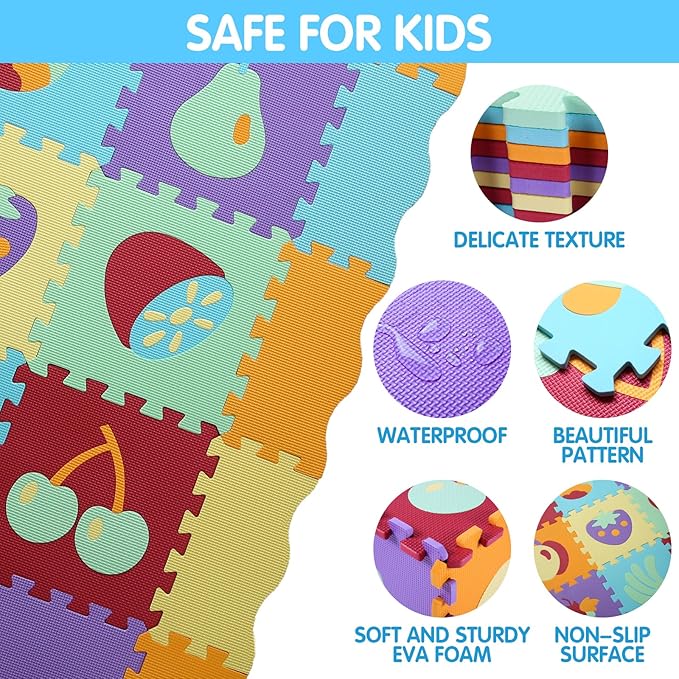 Tamiplay Foam Play Mat for Kids，25Pcs Square Interlocking Puzzle Floor Mat，Baby Play Mat Floor Mat Foam Puzzle Playmat for Toddlers with Fence（Fruit-CSH008