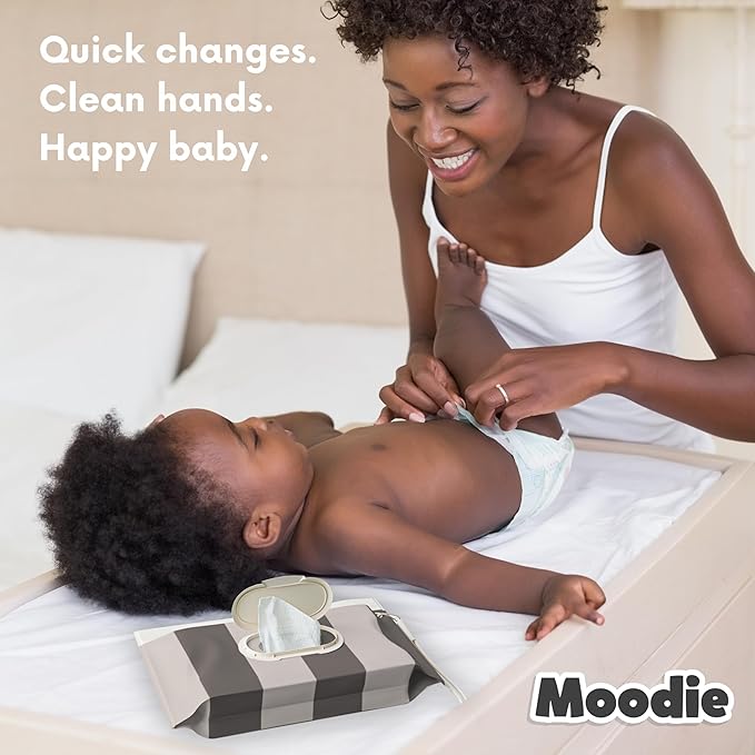 Moodie NEW 3 PACK Baby Wipes Holder | Refillable Wipes Container w/ DOUBLE-LOCK SEAL |Travel Wipe Case | Portable Wipe Dispenser for Diaper Bag w Silicone Strap | Reusable Wipes Pouch (CLOUDY GREY)