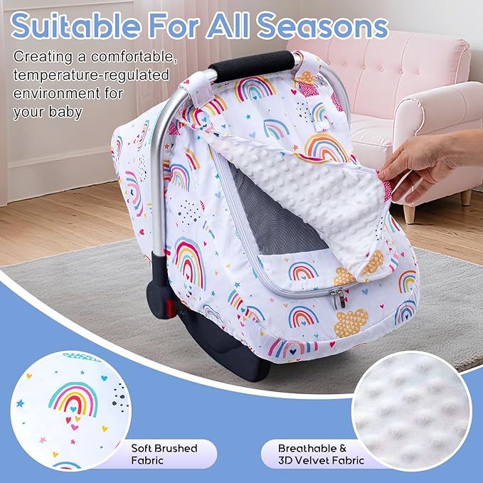Carseat Covers Baby Girl, Baby Car Seat Cover with Mesh Peep Window & Privasy Sun Shade, Protective Baby Carrier Cover for All Season, Mink Dot Infant Car Seat Canopy for Newborn Shower Gift
