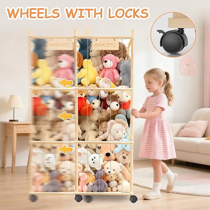 yofit 56 Inch Toy Organizer and Stuffed Animal Storage with Wheels - Zoo Storage Tower with Removable Dust-Proof Cover & Elastic Bands | for Playroom, Bedroom, Living Room Organization