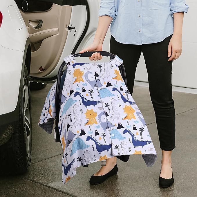 Rquite Baby Car Seat Cover, Carseat Covers Baby Boy, Minky Infant Car Seat Cover Winter, Peekaboo Opening Car Seat Canopy, Multi-use Baby Carrier, Stroller, Nursing Cover, Minky Blanket, Dinosaur