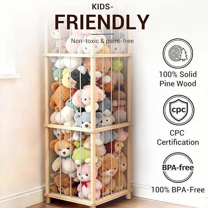 KiddoCood Kids CPC & TIC Certified Stuffed Animal Storage - 3-Tier Large Natural Solid Wood Plush Toy Organizer & Holder, Corner Solution for Playroom & Nursery, BPA-Free & Zero Glue